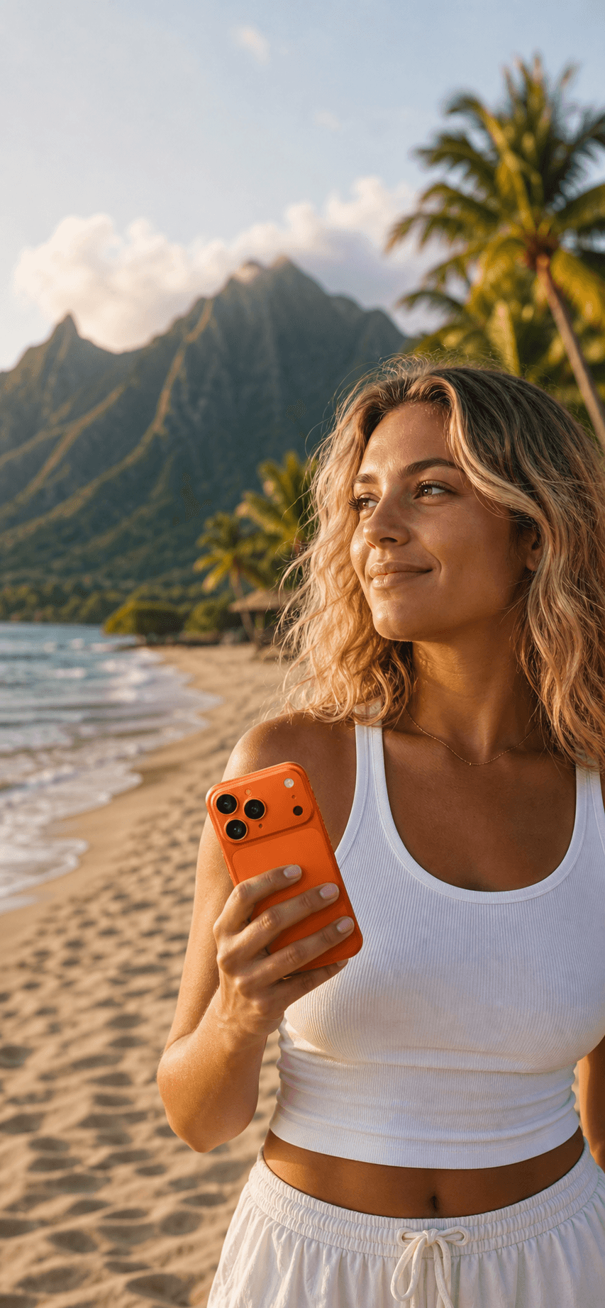 Traveler holding an orange phone on a tropical beach